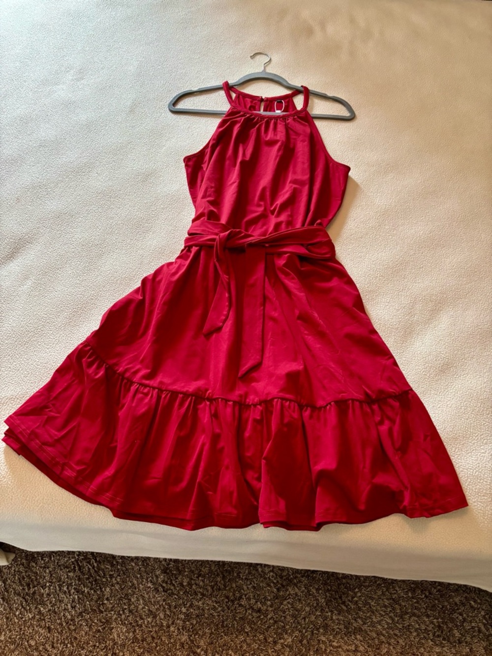 Halter-Neck Red Tie-Waist Ruffled Casual Dress